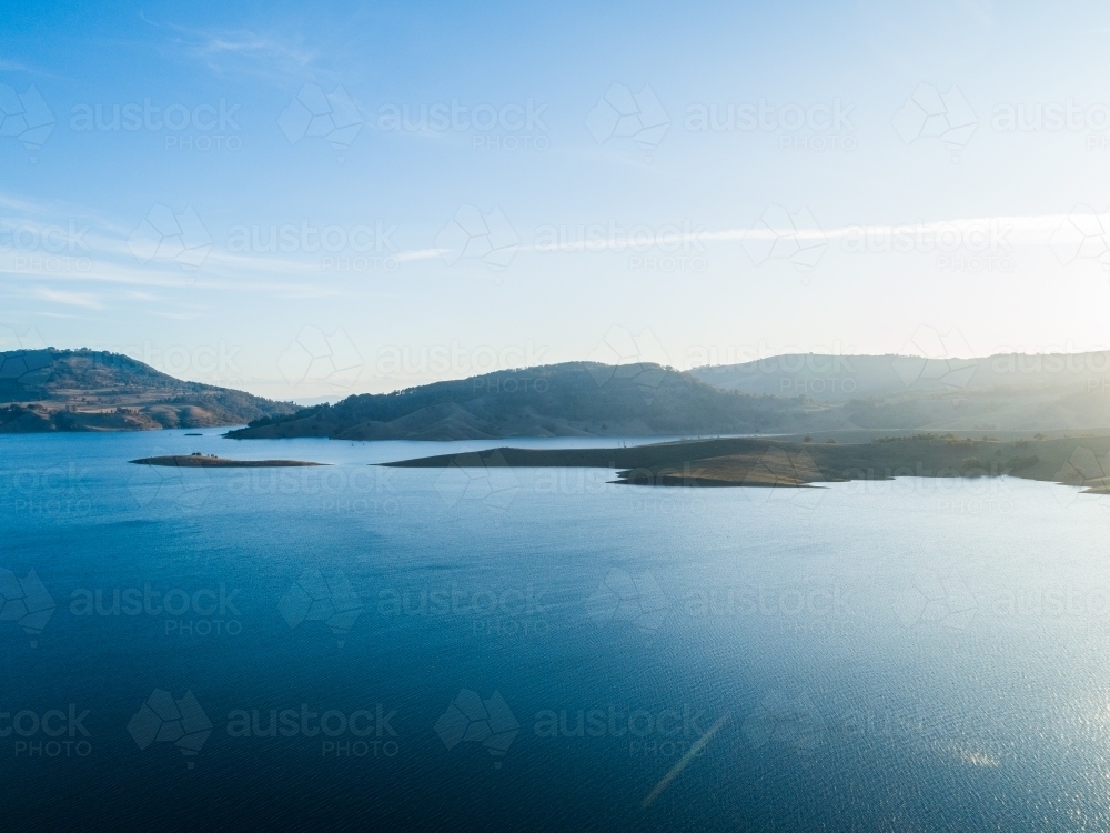Aerial landscape view of blue water of Lake St Clair in Hunter Valley, NSW, Australia - Australian Stock Image