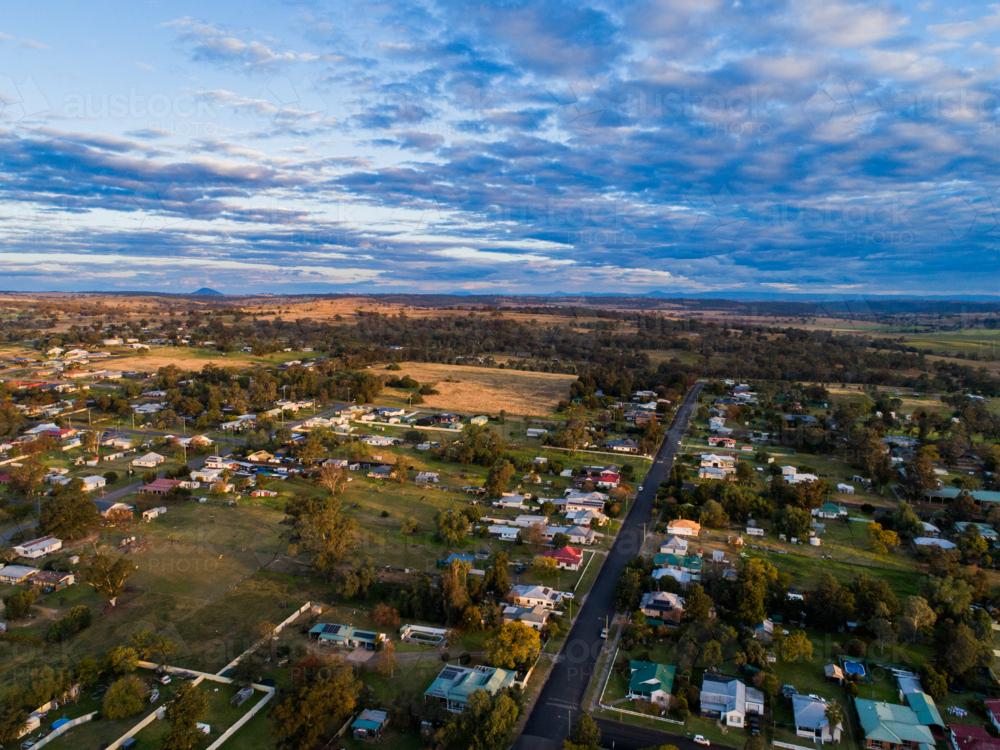 Aerial landscape view over quiet streets of rural country town of Merriwa - Australian Stock Image