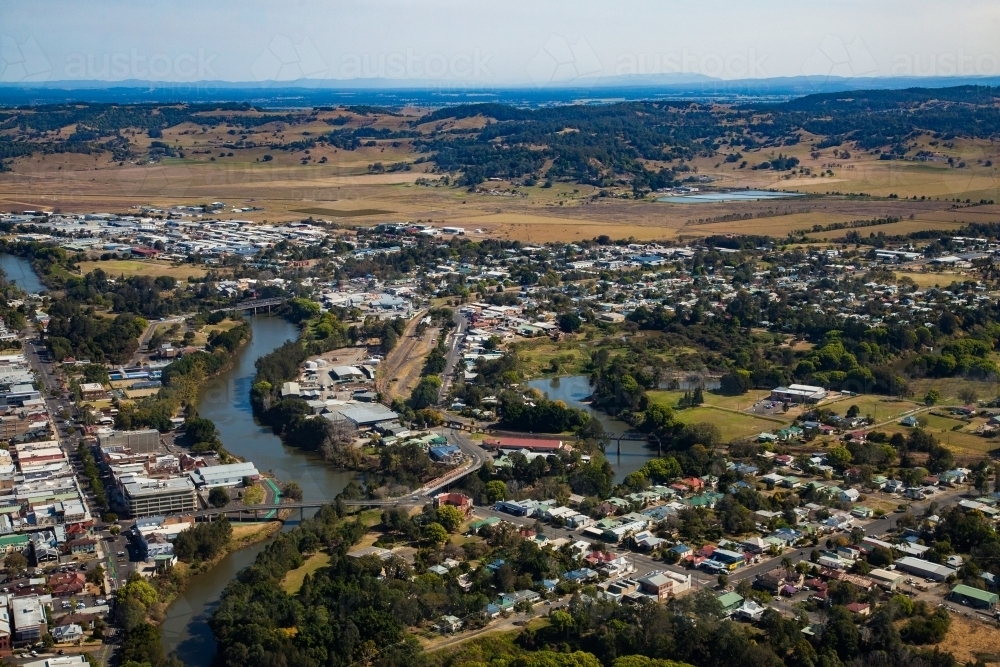 Aerial of rivers and the town of Lismore from the air - Australian Stock Image