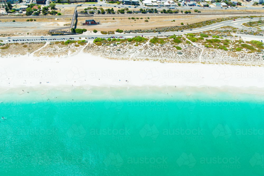 Aerial over white sandy turquoise beach Perth Western Australia - Australian Stock Image