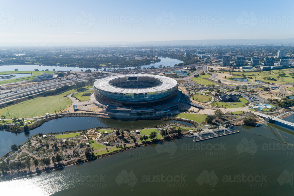 Aerial overhead of Perth Stadium In Burswood park Western Australia - Australian Stock Image