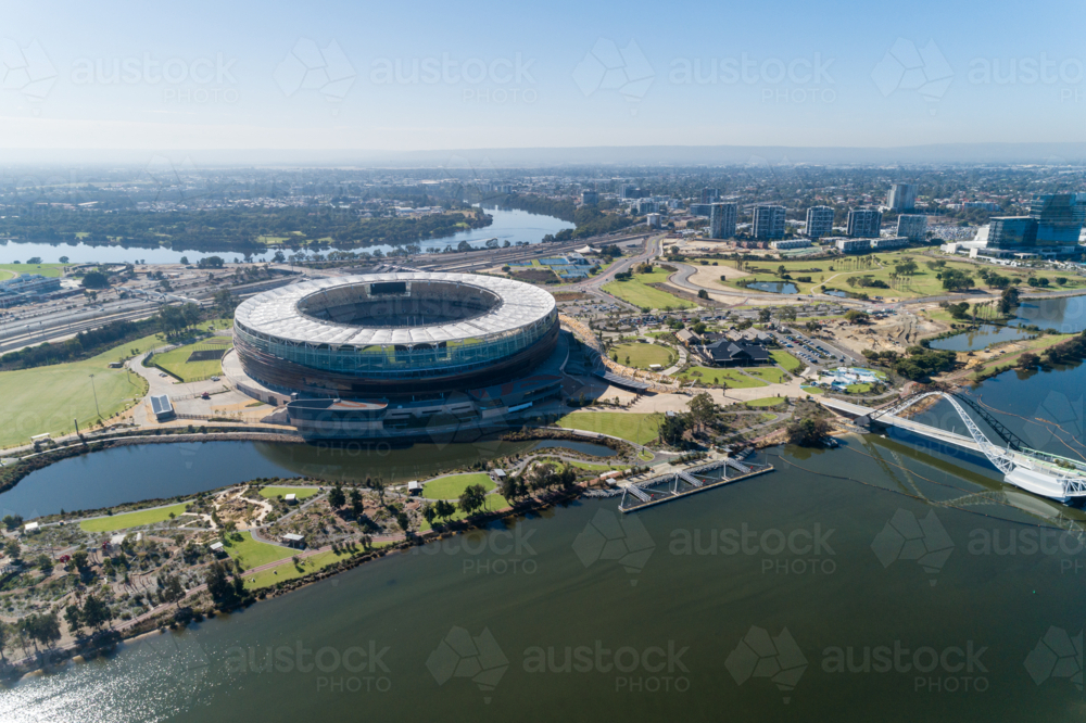 Aerial overhead of Perth Stadium In Burswood park Western Australia - Australian Stock Image