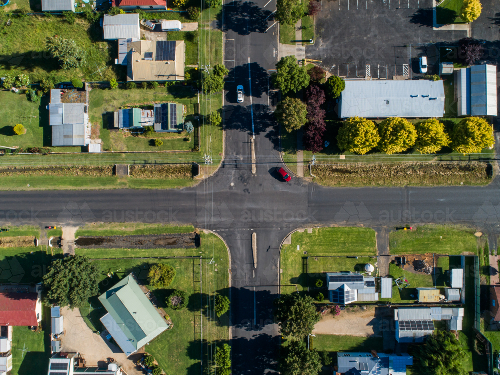 Aerial overhead view of intersection in country town in Glen Innes NSW - Australian Stock Image