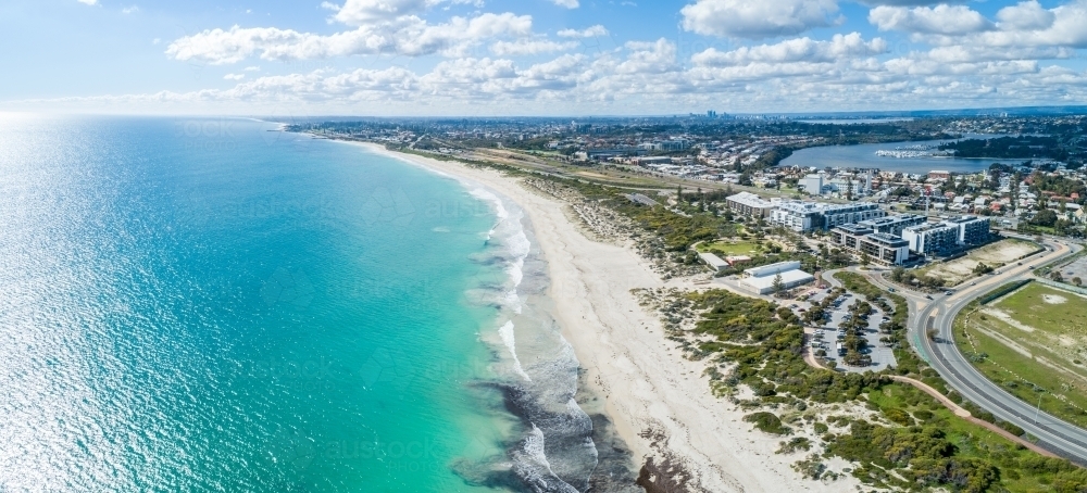Aerial panorama looking north from Fremantle, Western Australia on sunlit day - Australian Stock Image