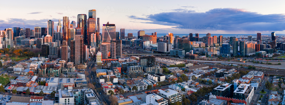 High Rise Panoramic View Image of Aerial panorama of high rise buildings in a city skyline in ...