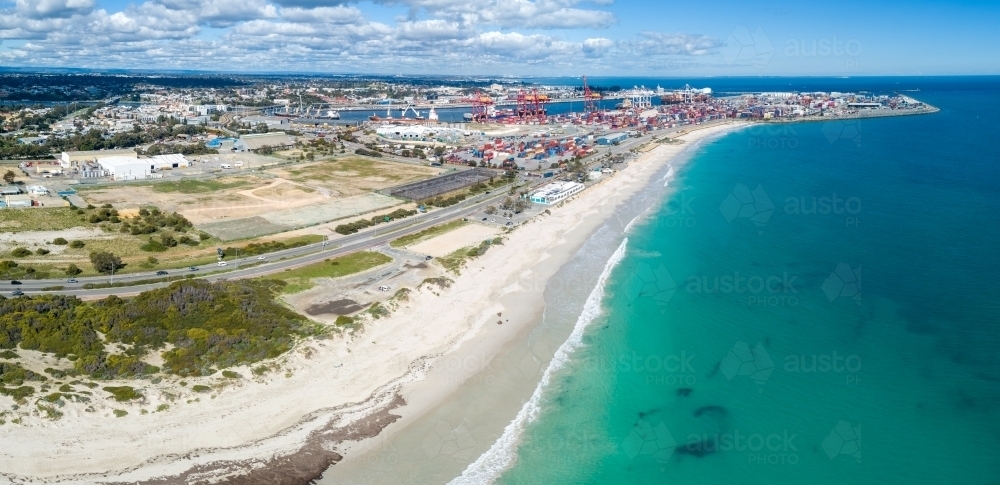 Aerial panorama of Port Beach with Port of Fremantle in background full of shipping containers - Australian Stock Image