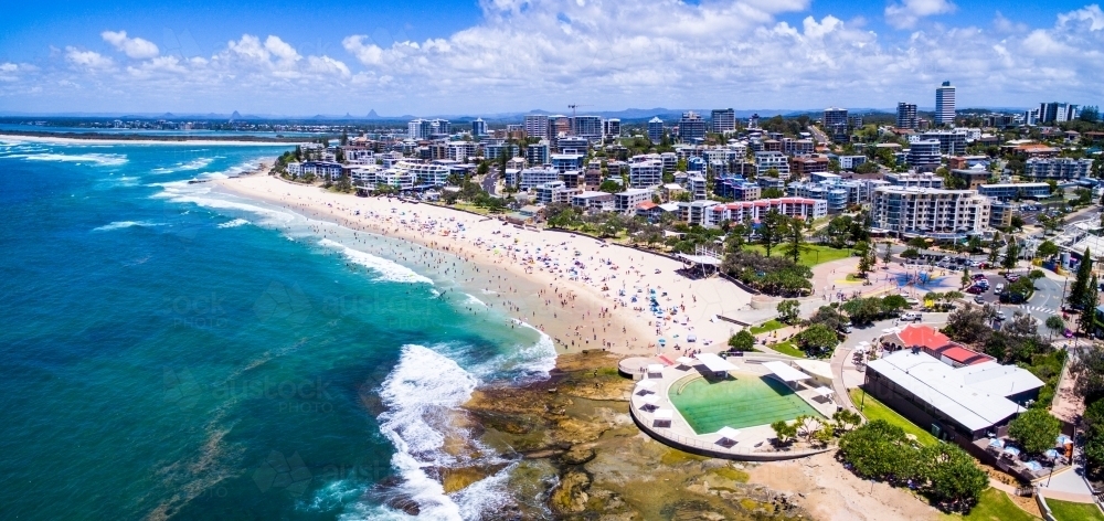 Aerial panoramic image of Kings Beach, Caloundra on the Sunshine Coast of Queensland. - Australian Stock Image
