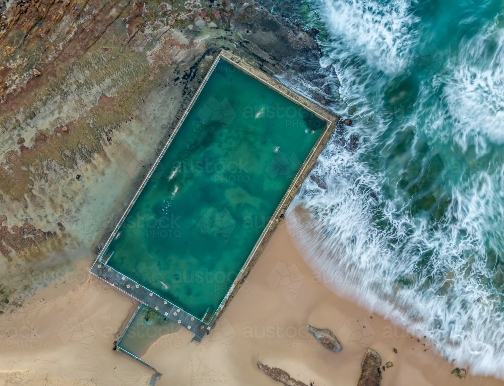 Aerial perspective of beautiful Bulli Rock Pool - Australian Stock Image
