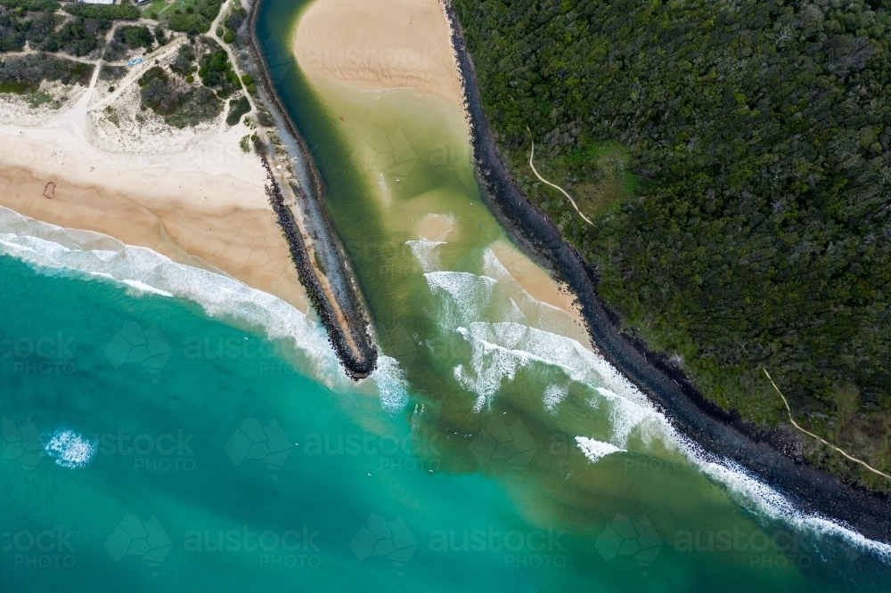 Aerial photo of a beach, river mouth and walking track - Australian Stock Image