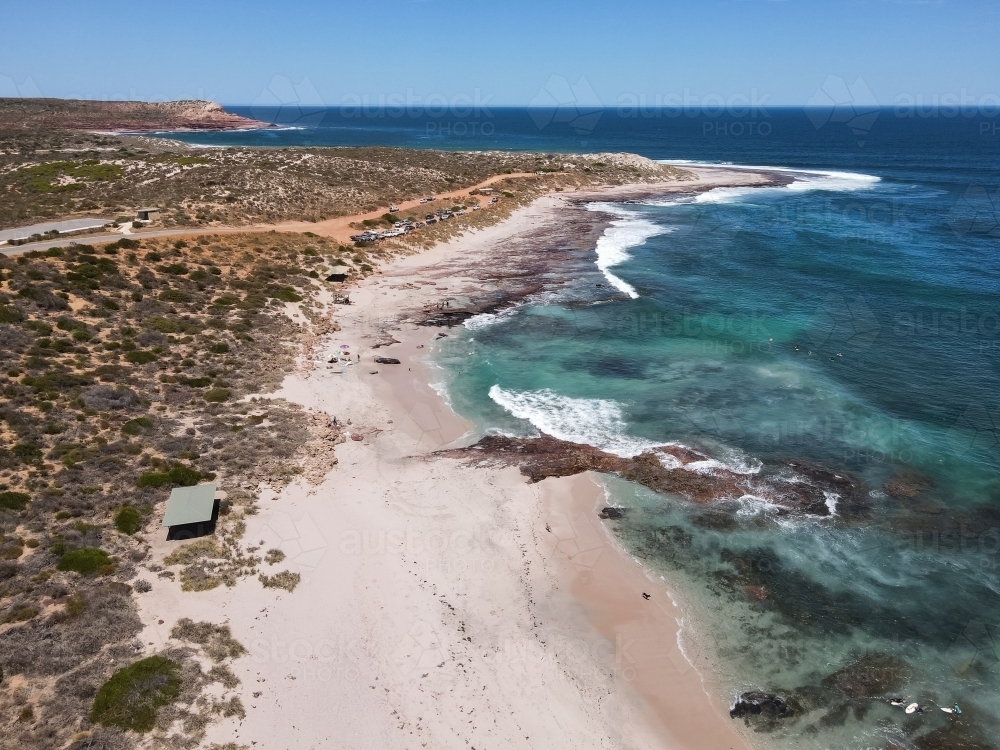 Aerial photo of people at the beach in Kalbarri Western Australia - Australian Stock Image