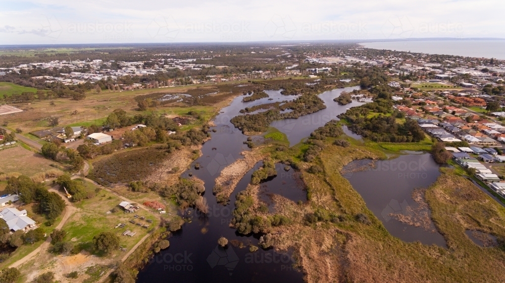 Aerial photo overlooking Busselton and Geographe wetlands - Australian Stock Image