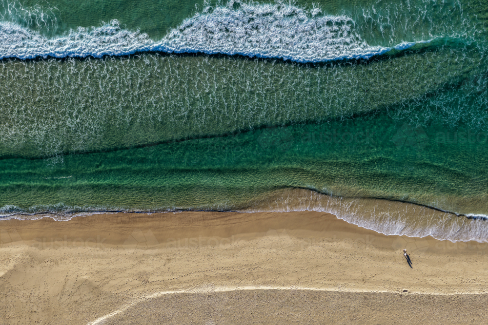 Aerial scene capturing One Mile Beach near Forster, NSW, Australia, from directly above. - Australian Stock Image