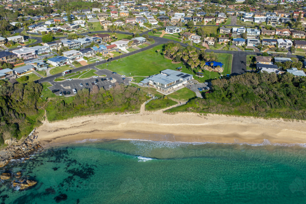 Aerial scene capturing the Cape Hawke Surf Life Saving Club near Forster, NSW, Australia - Australian Stock Image