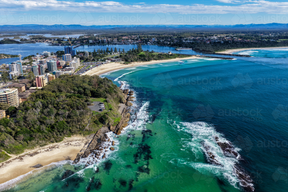 Aerial scene capturing the coastline of Forster, NSW, Australia, featuring Pebbly Beach - Australian Stock Image