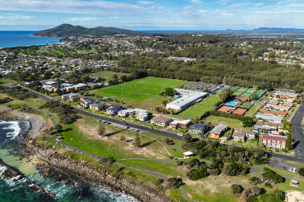 Aerial scene capturing The Tanks coastline and the Forster Sporting Complex in Forster, NSW. - Australian Stock Image