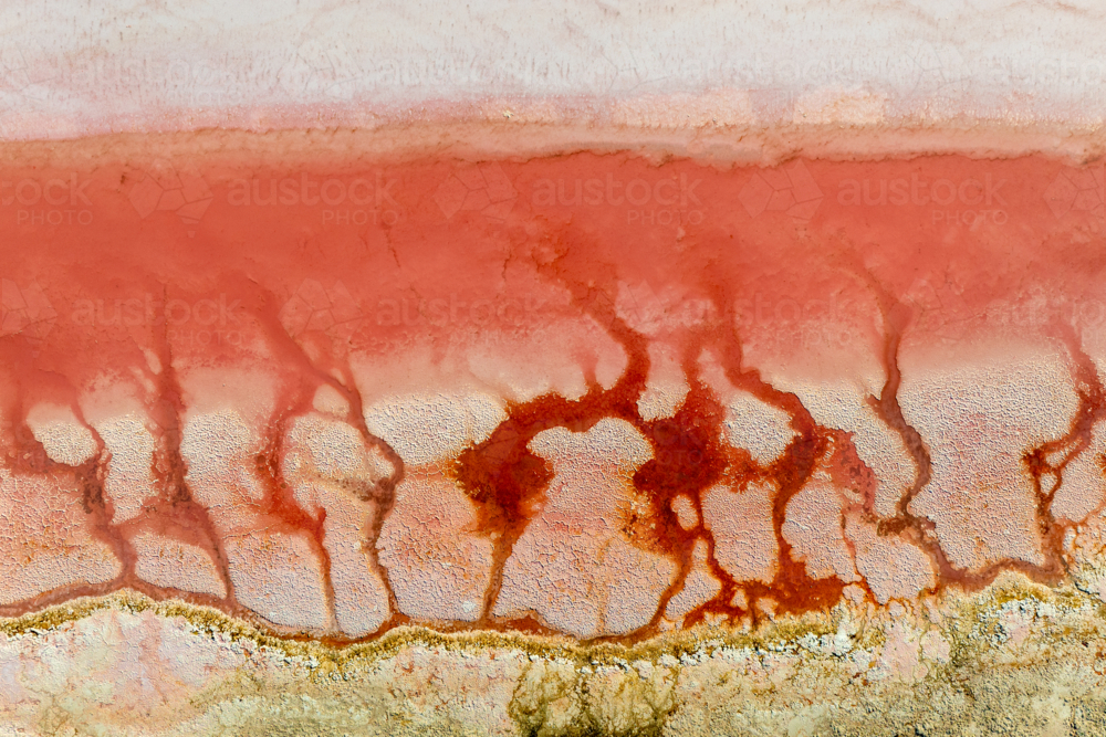 Aerial series of abstract pink salt crusts and mineral textures at Hutt Lagoon - Australian Stock Image
