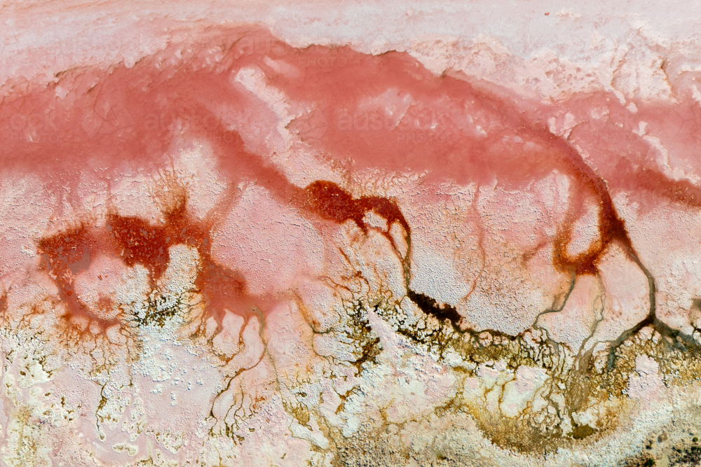 Aerial series of abstract pink salt crusts and mineral textures at Hutt Lagoon - Australian Stock Image