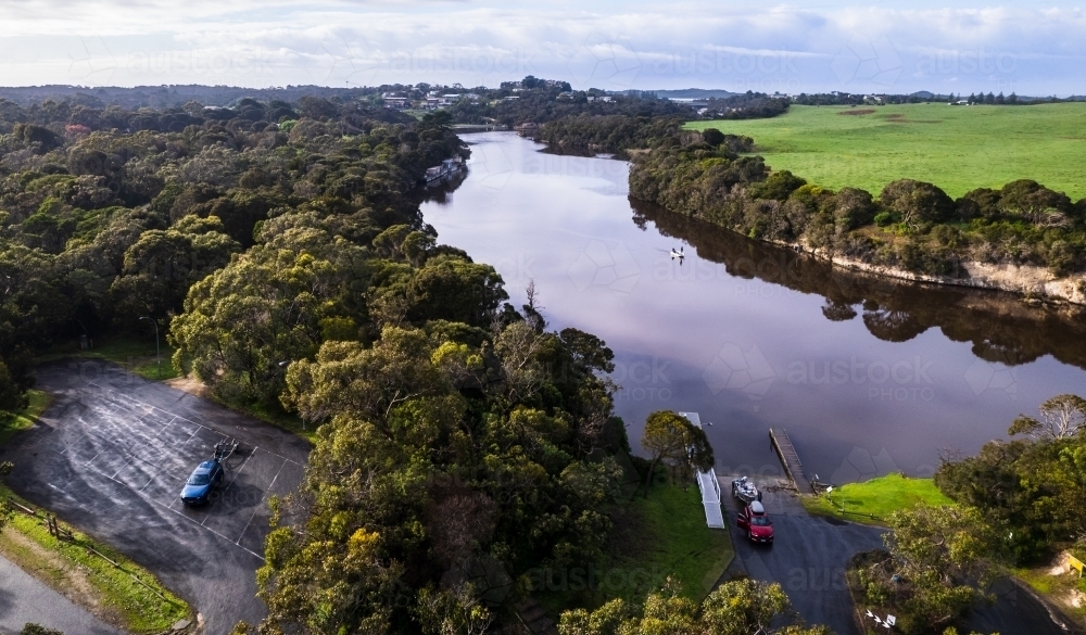 Image of Aerial shot of Boat Ramp on Glenelg River Austockphoto
