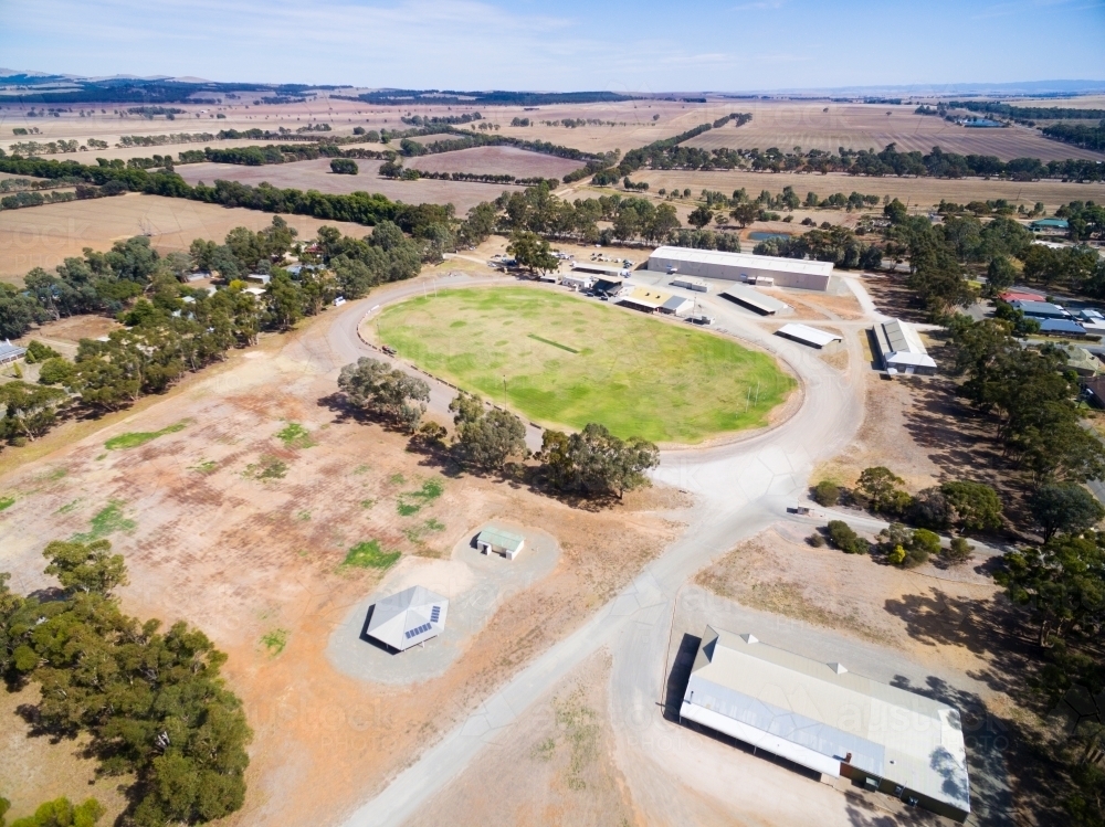 Aerial shot of football oval in country town - Australian Stock Image