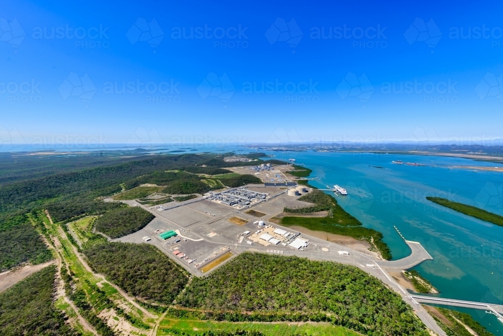 Aerial shot of liquified natural gas plants on Curtis Island, Queensland - Australian Stock Image
