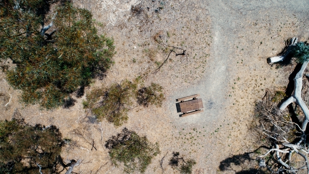 Aerial shot of trees and picnic table in remote area - Australian Stock Image