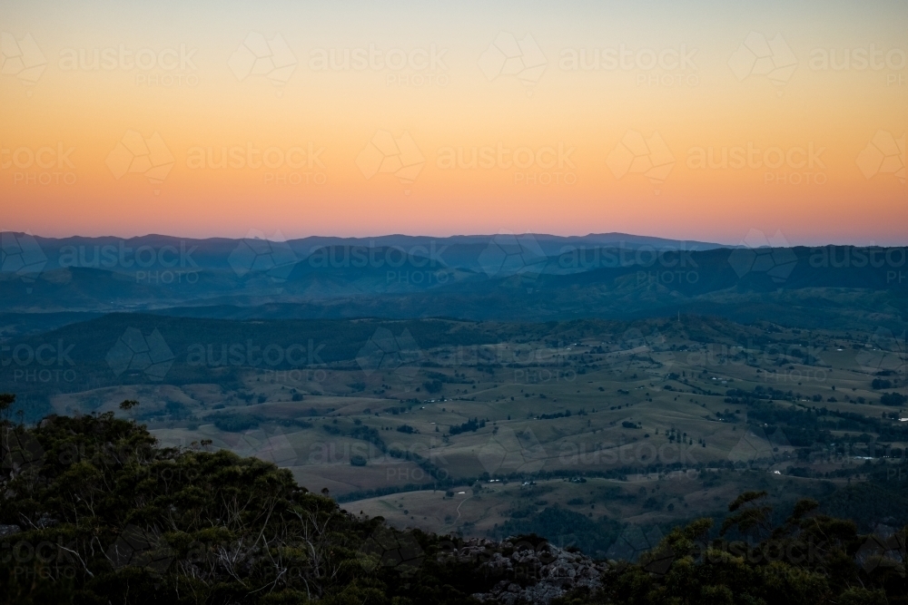 Aerial shot of yellow skies on top of the mountain - Australian Stock Image