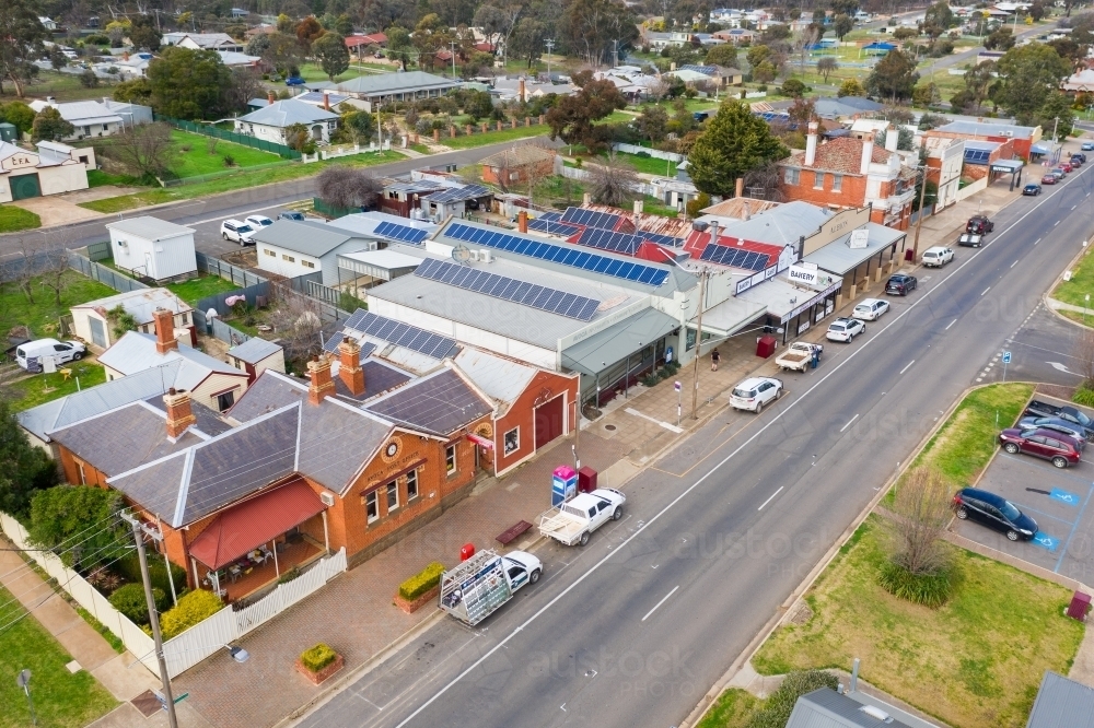 Aerial streetscape of a regional town with historic buildings and old shop fronts - Australian Stock Image