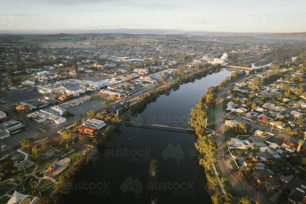 Aerial sunrise over Avon River and town of Northam in Western Australia - Australian Stock Image