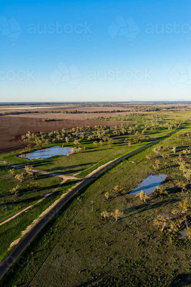 Aerial vertical scene showcasing cultivated farmland with a rural dirt road connecting - Australian Stock Image
