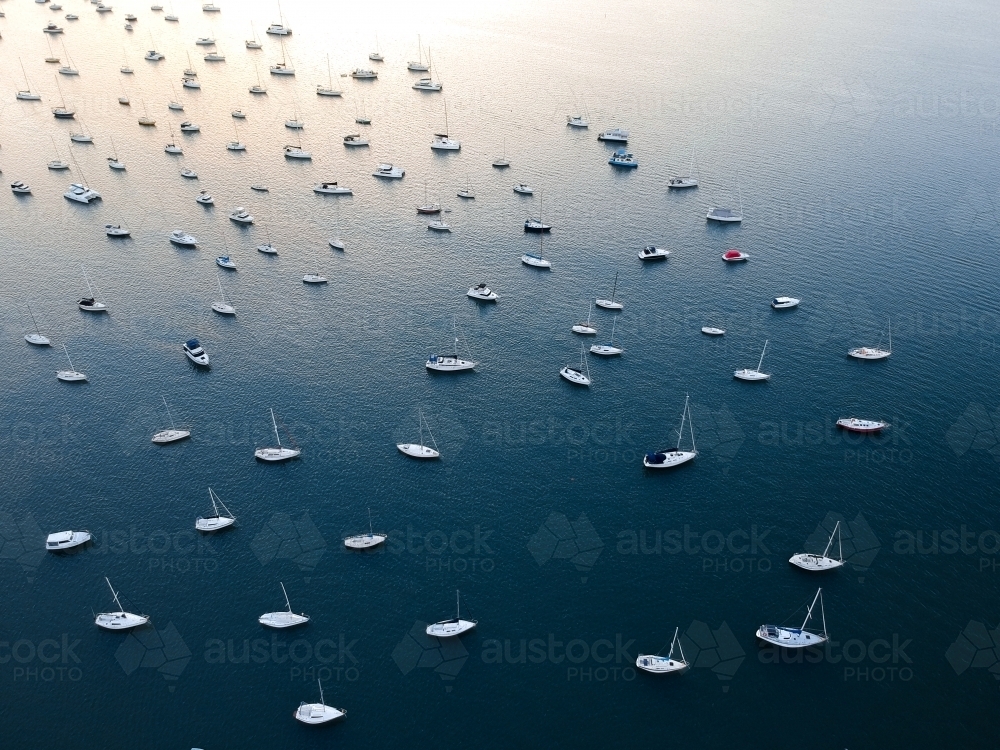 Aerial View at sunset of Boats on Lake Macquarie - Australian Stock Image