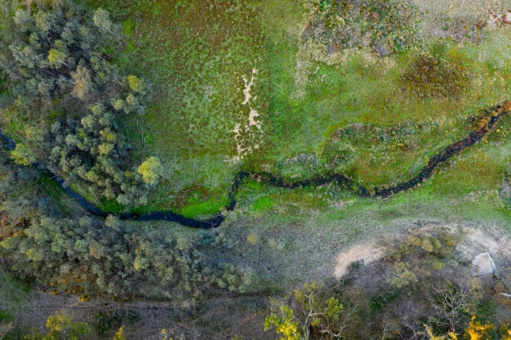 Aerial view coloured vegetation and water flow in marshy ground - Australian Stock Image