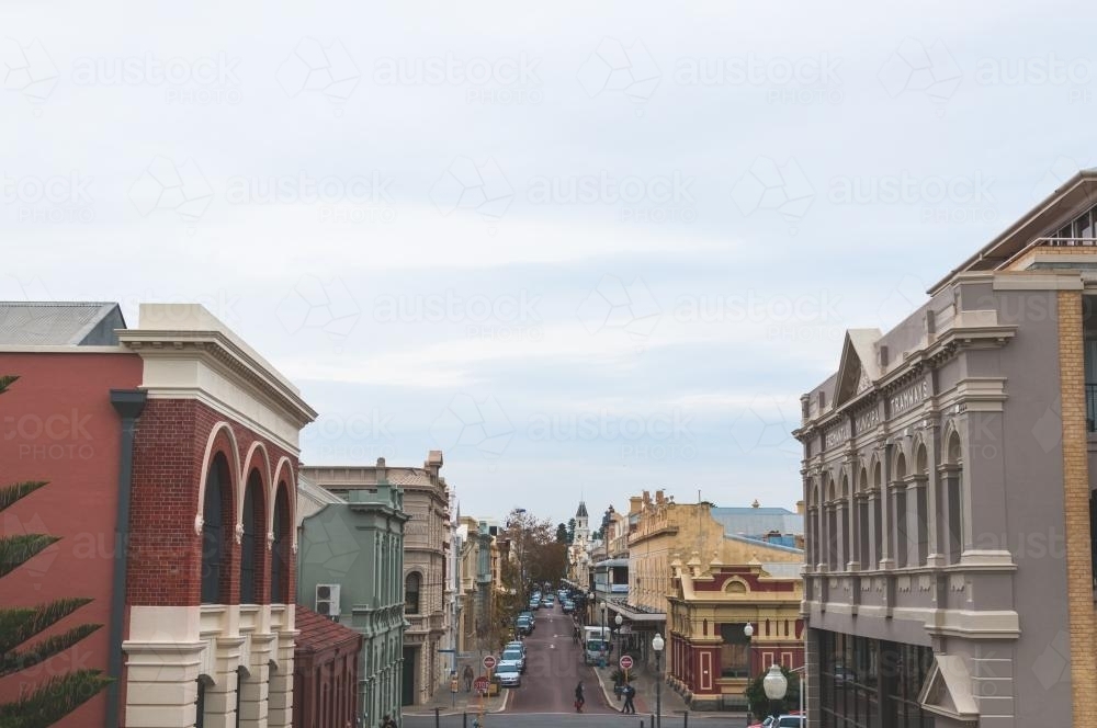 Aerial view down street of street with old buildings - Australian Stock Image