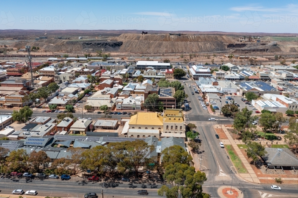 Aerial view historic buildings and shops in the streets of an outback town - Australian Stock Image