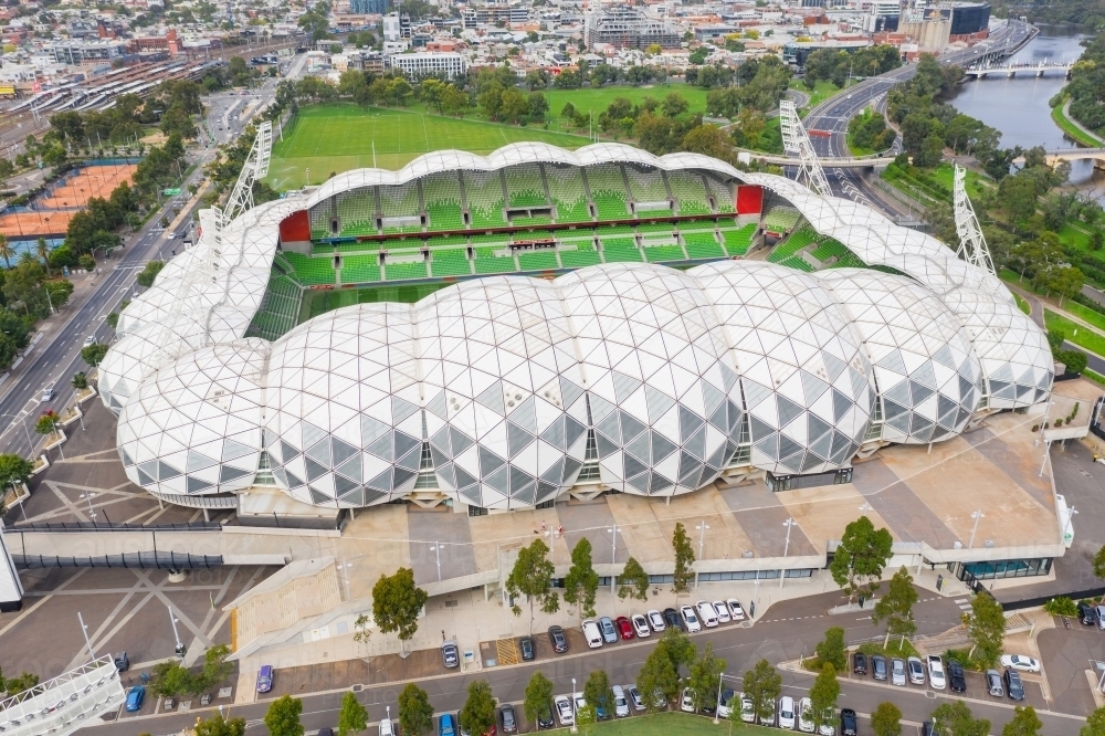 Image of Aerial view looking down on a sports stadium with a modern ...