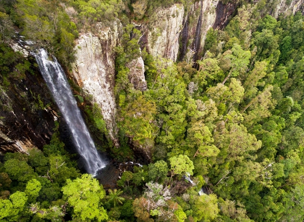 Aerial view looking down on Goomoolahra Falls in the Gold Coast Hinterland, QLD. - Australian Stock Image