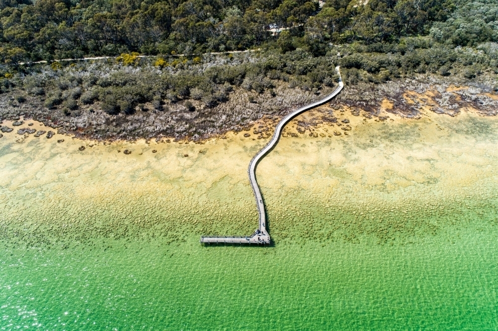 Aerial view looking down on the boardwalk and thrombolites at Lake Clifton - Australian Stock Image
