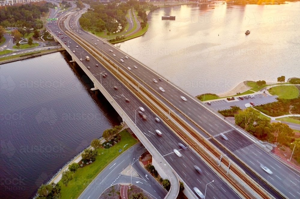 Aerial view looking down on the morning traffic on the Narrows Bridge in Perth, Western Australia - Australian Stock Image