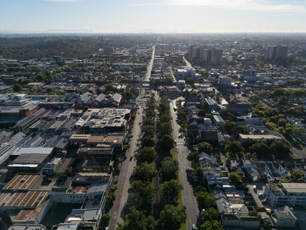 Aerial view looking east along Victoria Parade in East Melbourne - Australian Stock Image