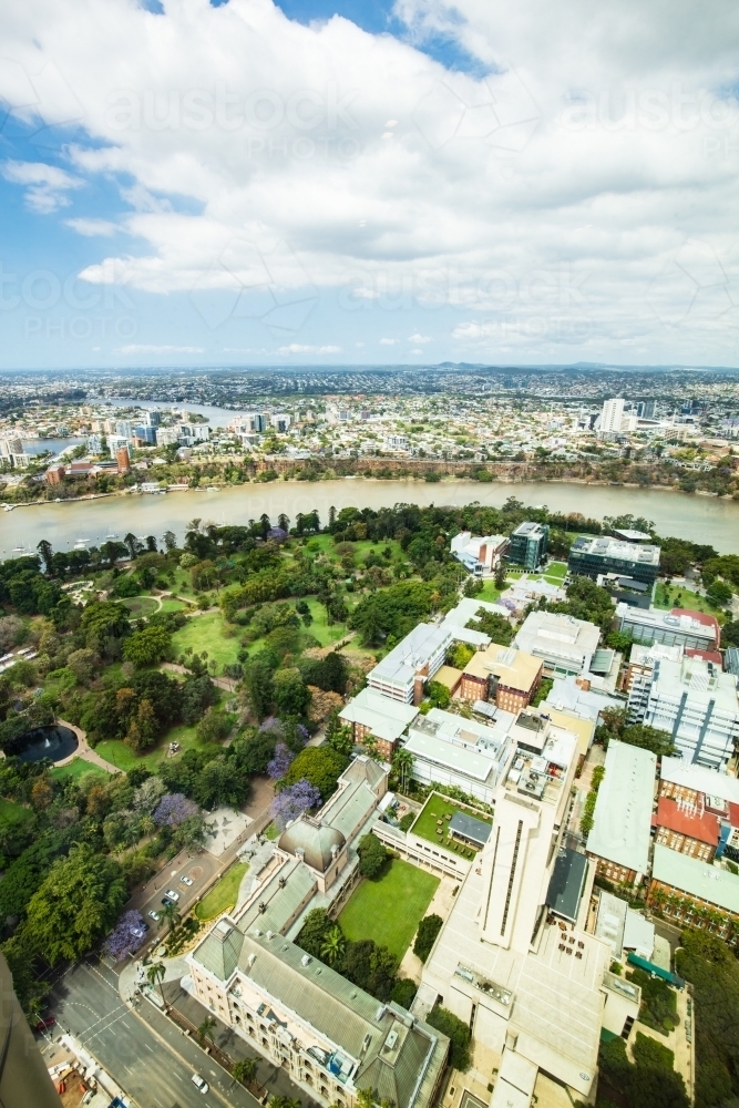 Aerial view looking south over the Brisbane City Botanic Gardens and Queensland Parliament - Australian Stock Image