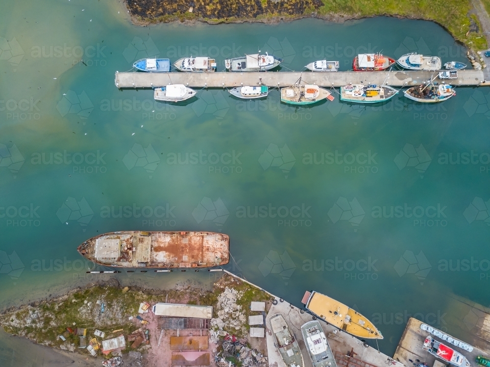 Aerial view of a boat marina and ship yards - Australian Stock Image
