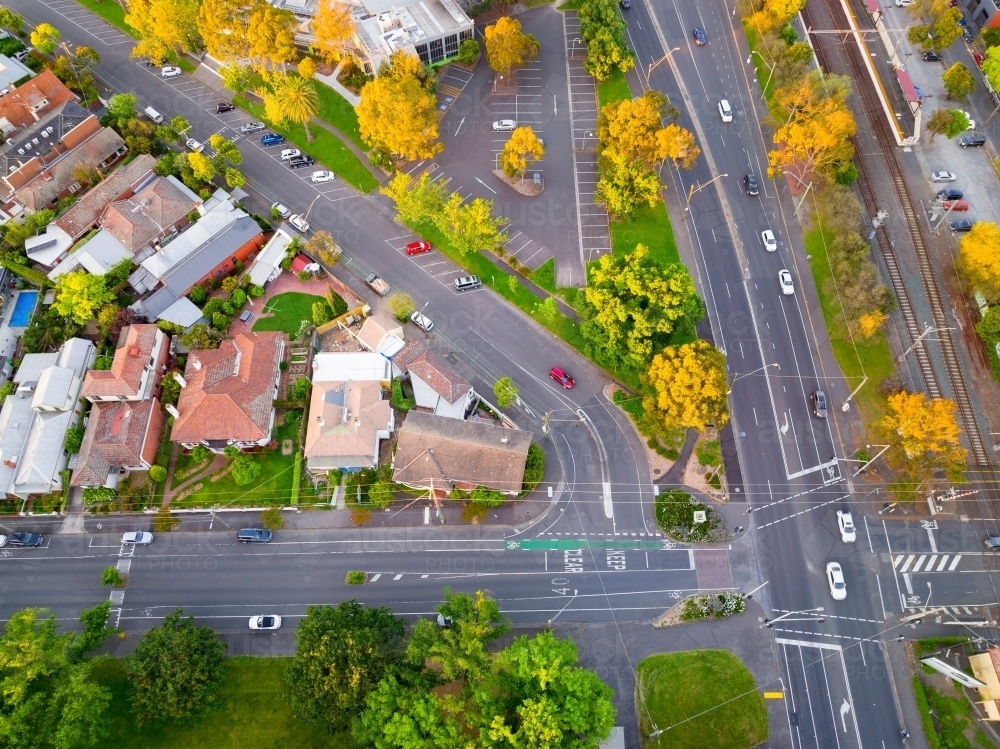 Image of Aerial view of a busy road intersection in an inner city ...