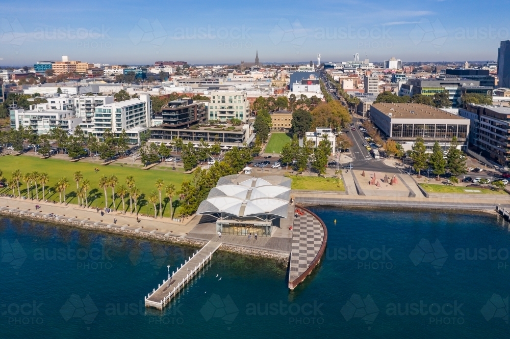 Aerial view of a city waterfront with parks, jetties and sculptures - Australian Stock Image
