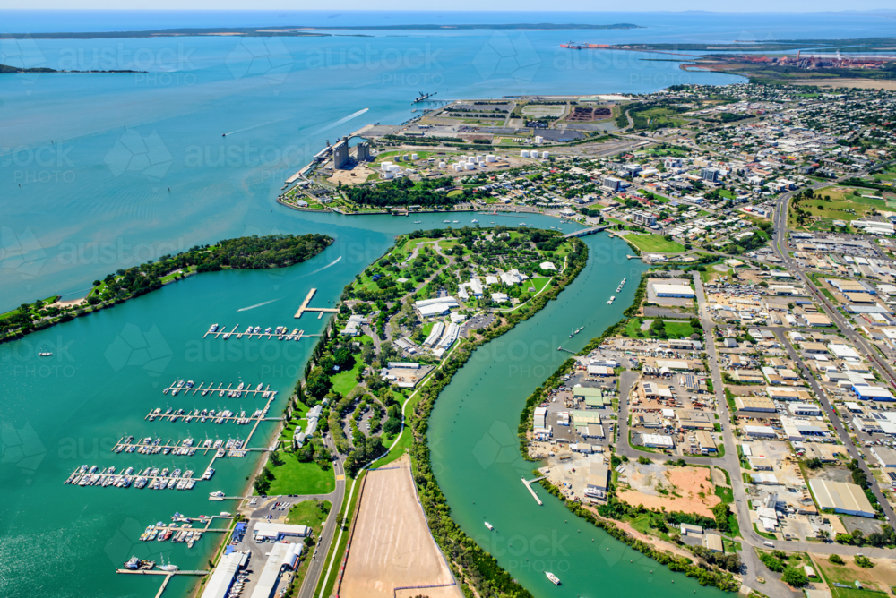 Aerial view of a coastal marina and surrounding waterways - Australian Stock Image