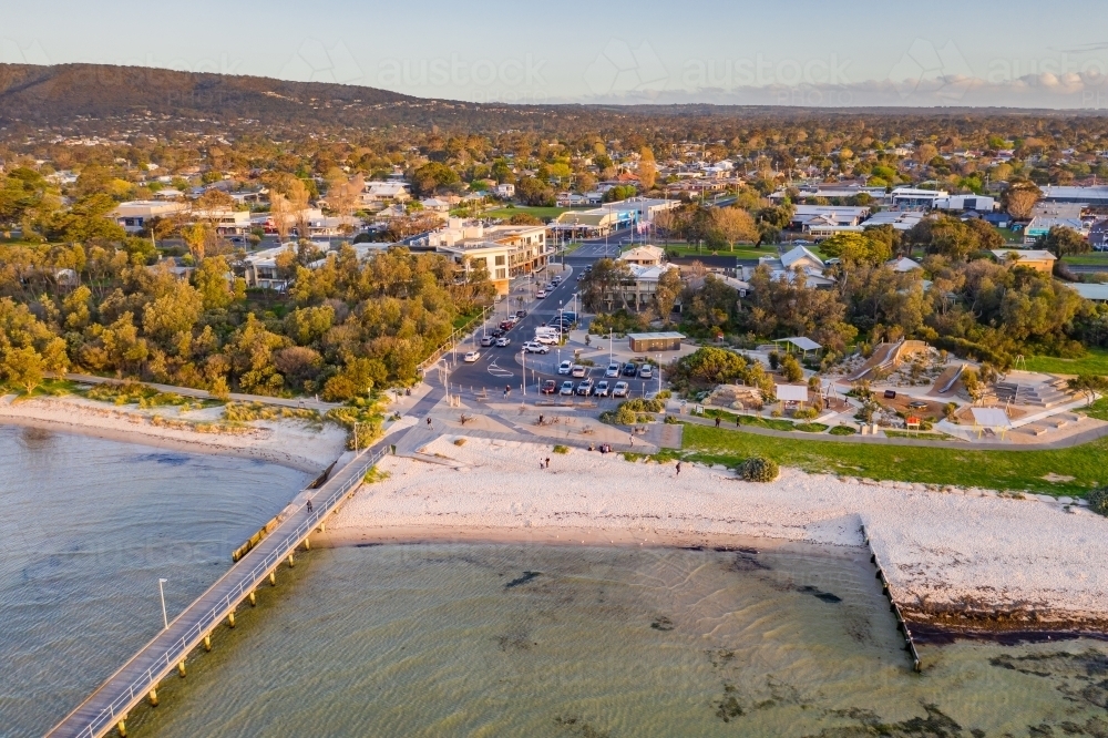 Aerial view of a coastal reserve a the base  of a wooden jetty - Australian Stock Image