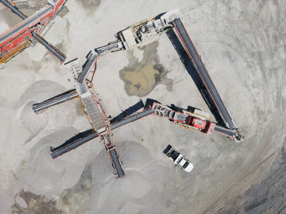 Aerial view of a conveyor belt in the quarry. - Australian Stock Image