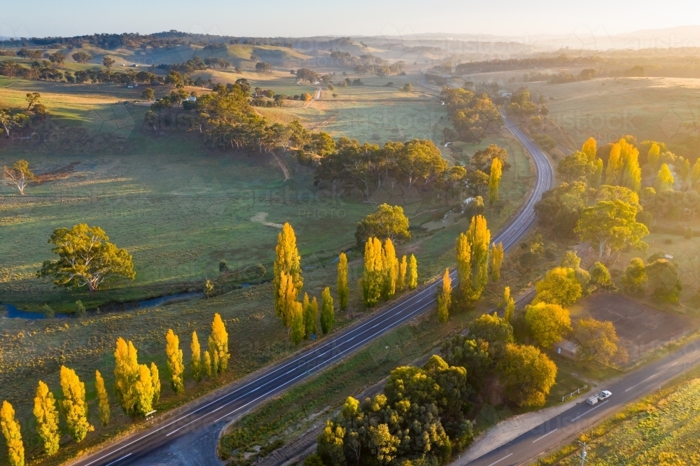 Image of Aerial view of a country road winding through autumn trees at ...