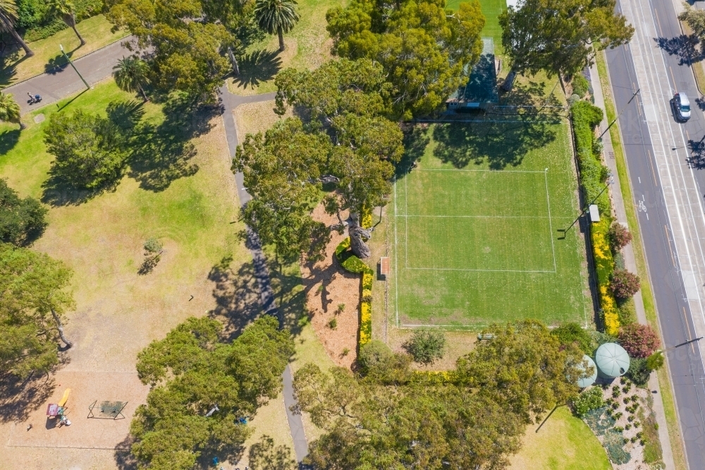Aerial view of a croquet court in a city park - Australian Stock Image