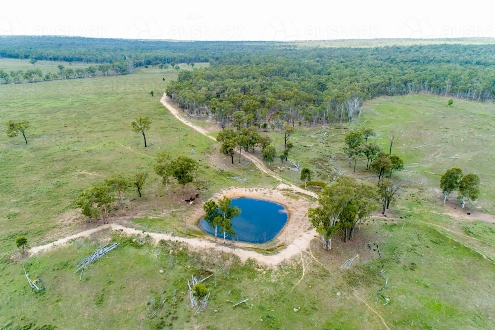 Aerial view of a farm dam and wooded paddock. - Australian Stock Image