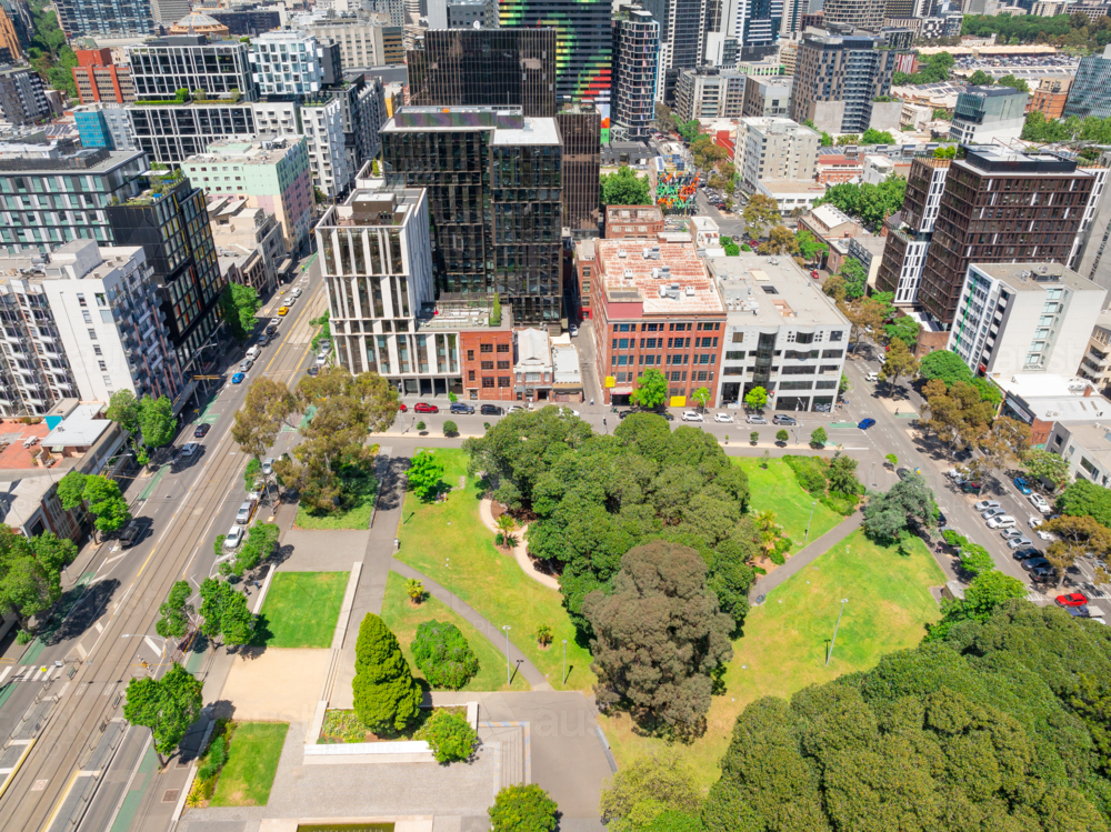 Aerial view of a green inner city park amongst highrise buildings - Australian Stock Image