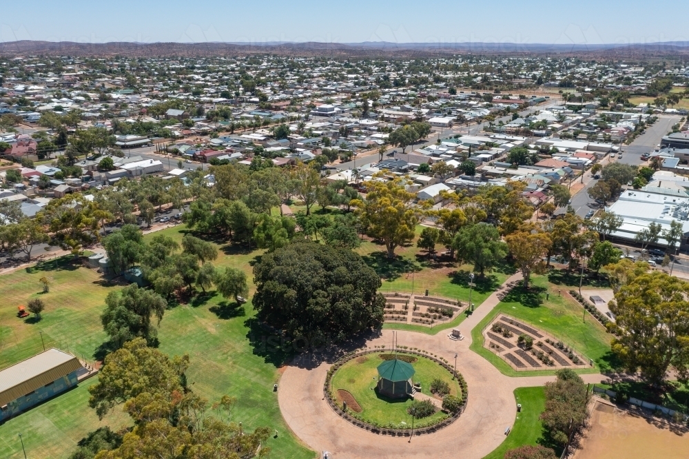 Aerial view of a landscaped garden in an an out back town - Australian Stock Image